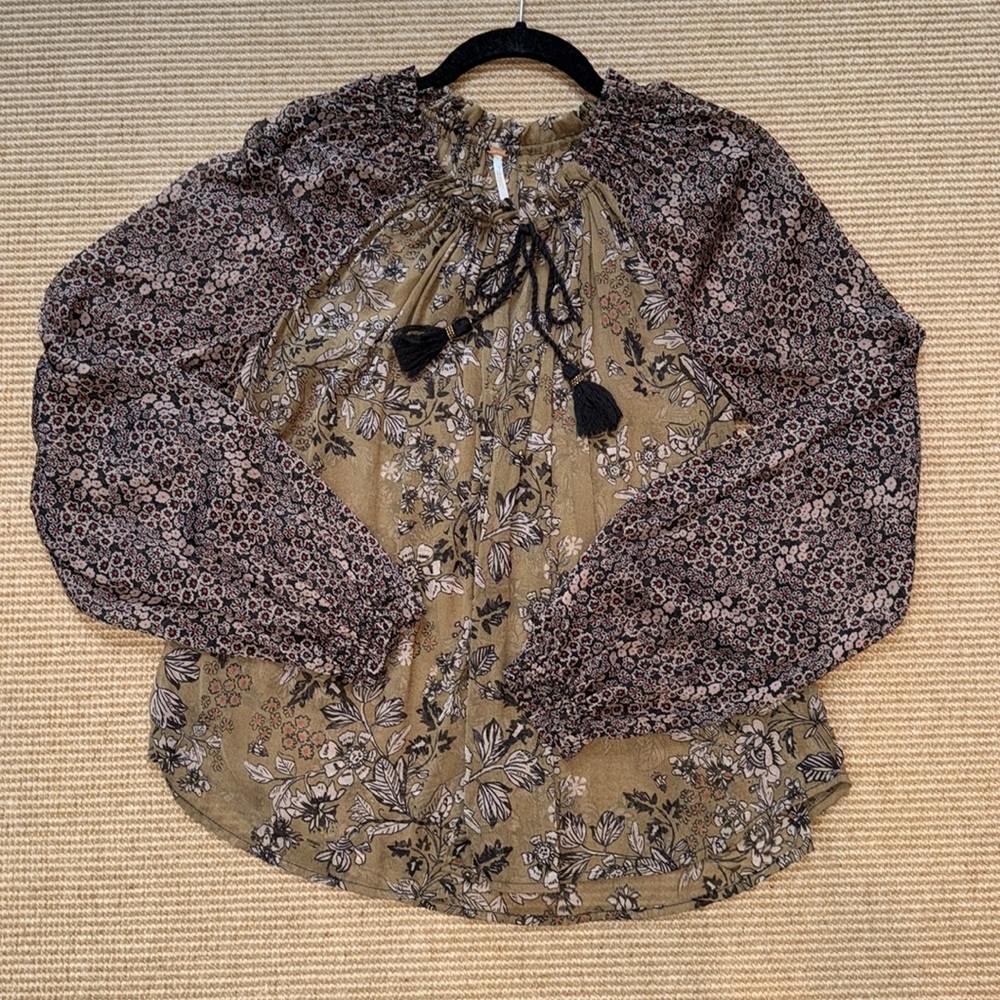 Free People Hendrix Long Sleeve Sheer Floral Georgette Boho Blouse